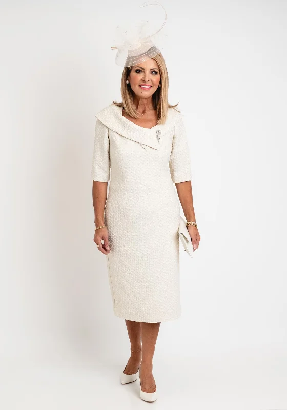 Casandra Madi Textured Pencil Midi Dress, Cream Trendy Ruffle Hem Midi Dress