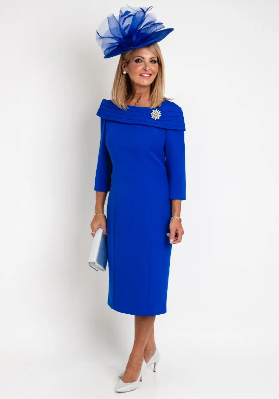 Cassandra Bardot Neckline Pencil Midi Dress, Royal Blue Stylish High-Waisted Midi Dress