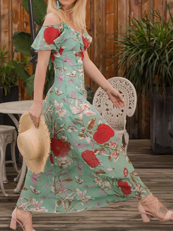 Casual Floral Chiffon Short Sleeve Slip Maxi Dress Elegant Sleeveless Maxi Dress