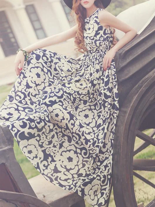 Chiffon Floral-Printed Sleeveless Round Neck Maxi Dress Cozy Spaghetti Strap Maxi Dress