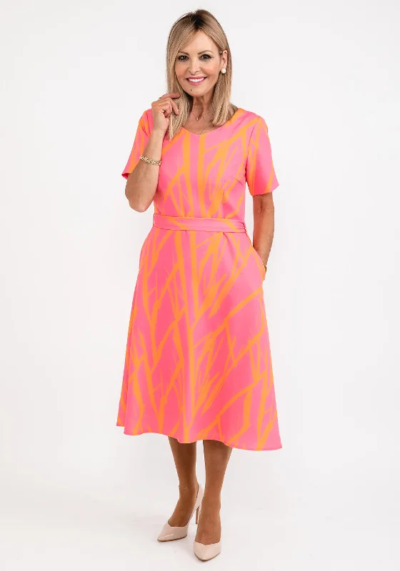 Coco Doll Anita Print Midi Dress, Pink & Orange Fashionable High-Low Midi Dress