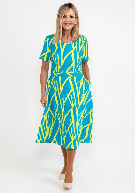 Coco Doll Anita Print Midi Dress, Teal & Lime Fashionable High-Neck Midi Dress