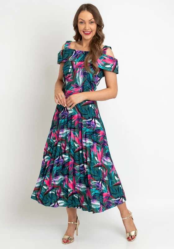Coco Doll Floral Print Pleated Midi Dress, Green Multi Trendy Square Neck Midi Dress