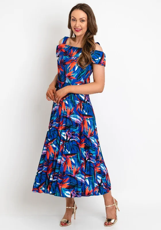 Coco Doll Floral Print Pleated Midi Dress, Royal Blue & Orange Comfortable Floral Print Midi Dress