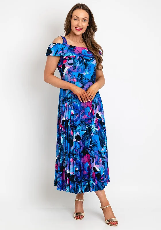 Coco Doll Floral Print Pleated Midi Dress, Royal Blue Multi Elegant Lace Trim Midi Dress