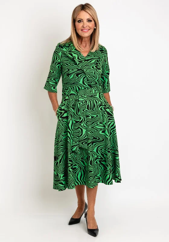 Coco Doll Erin Abstract Print Midi Dress, Green & Black Fashionable Chiffon Midi Dress