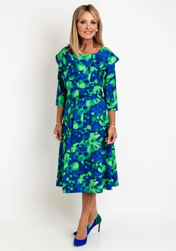 Coco Doll Hasta Soft Floral Print Midi Dress, Blue & Lime Fashionable Wide Leg Midi Dress