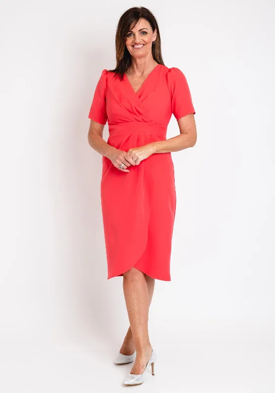 Coco Doll Toya Faux Wrap Midi Dress, Coral Elegant Faux Wrap Midi Dress