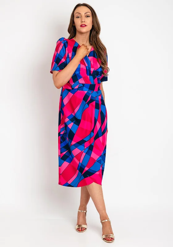 Coco Doll Toya Geometric Print Midi Dress, Pink & Blue Comfortable Button Front Midi Dress