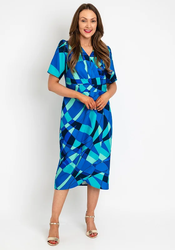 Coco Doll Toya Geometric Print Midi Dress, Royal Blue Fashionable Skater Midi Dress