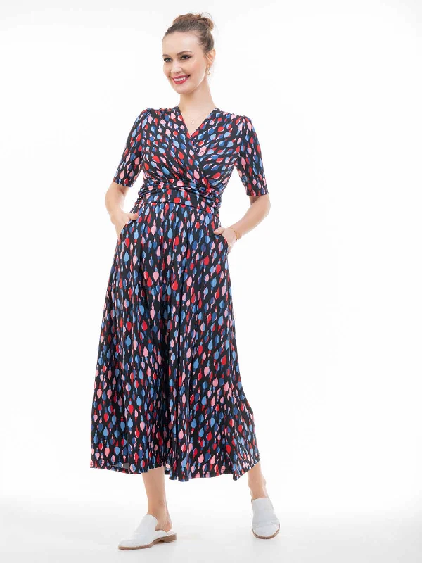 Coleen Jersey Maxi Dress, Navy Multi Stylish Maxi Dress with Frills