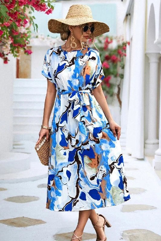 MARBLE PRINTING WAIST TIED WOMEN MIDI DRESS Elegant Maxi-Midi Hybrid Dress