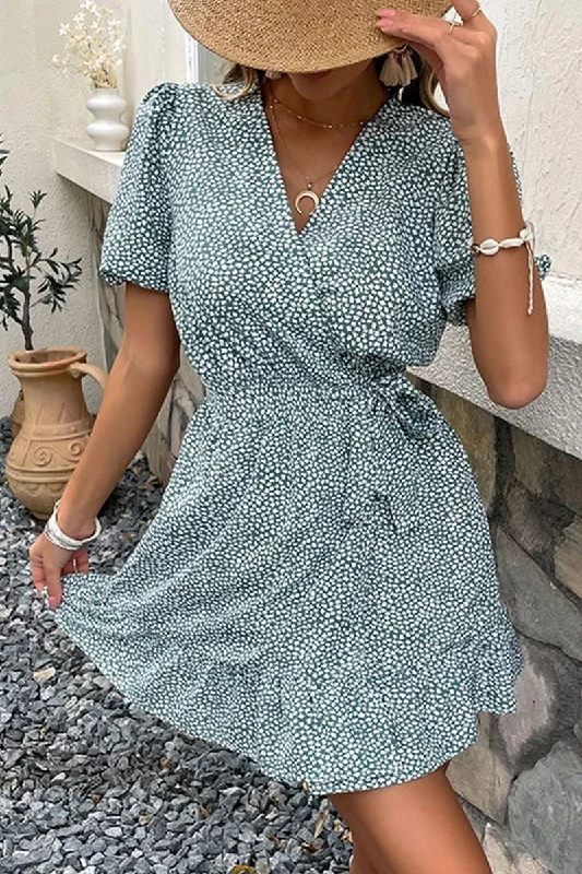 WOMEN V NECK RUFFLED HEM MINI DRESS Trendy Mini Dress with Belt