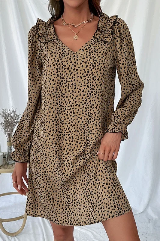 WOMEN RUFFLE SHOULDER DETAILED LEOPARD MINI DRESS Trendy Wraparound Mini Dress