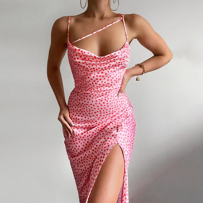 Dot Slip Satin Midi Dress Sleeveless Backless Split Summer Dress Trendy Shift Midi Dress