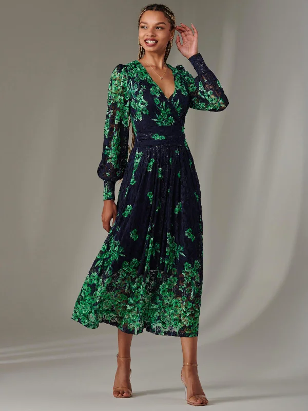 Dalia Symmetrical Print Lace Maxi Dress, Green Floral Elegant Lace-Up Maxi Dress