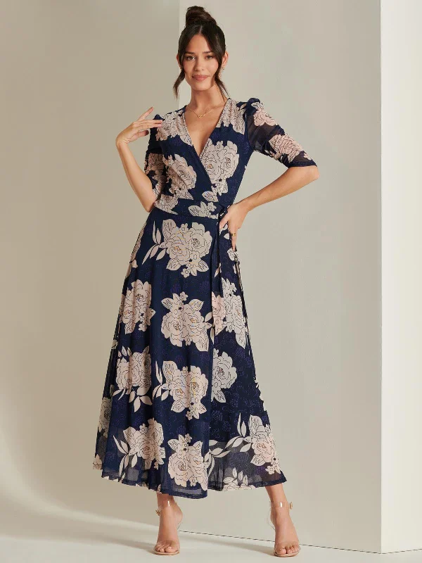 Daliyah Wrap Front Mesh Maxi Dress, Navy Floral Trendy Ruffled Maxi Dress