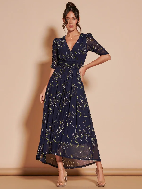 Dasha Ruched Sleeved Mesh Maxi Dress, Navy Leafy Fashionable Button-Down Maxi Dress