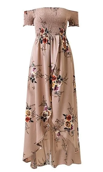 Daydream Diva Khaki Beige Floral Short Sleeve Smocked Off The Shoulder Cross Wrap High Low Maxi Dress Trendy Maxi Dress with Lace