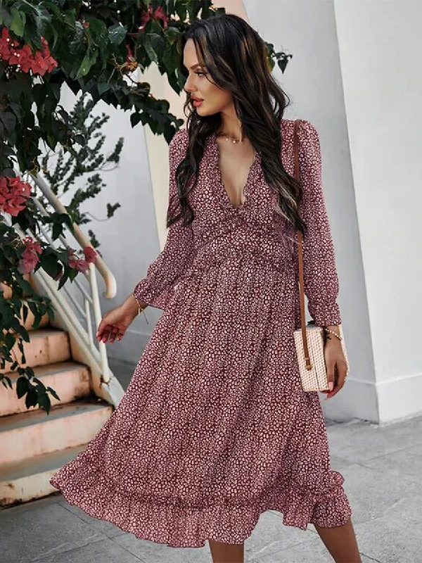 Deep V Neck Floral Long Sleeve Ruffle Hem Maxi Dress Comfortable Maxi Dress with Slits