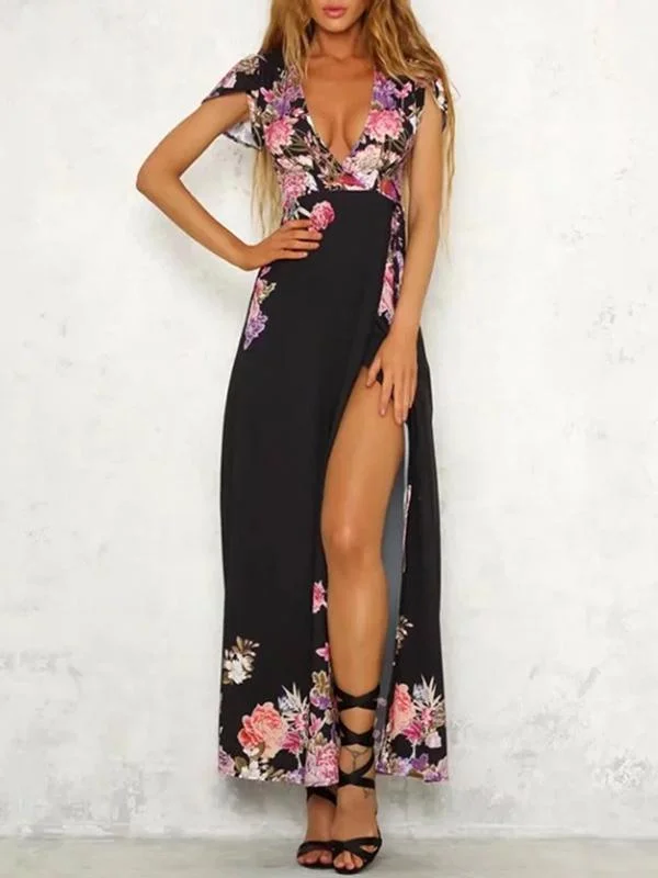 Deep V-neck Floral Split-side Maxi Dress Comfortable Maxi Dress with Sleeves