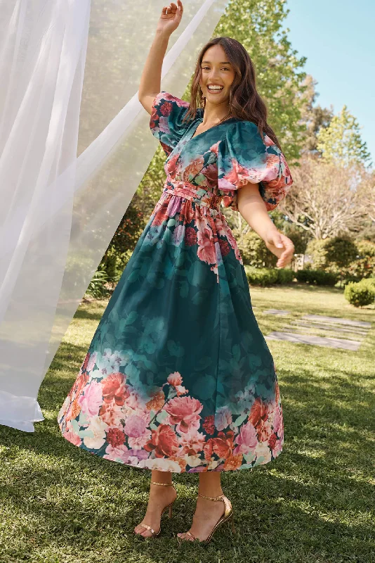 Divine Maxi Dress In Emerald With Pink Multi Floral Print Trendy Maxi Dress with Bow