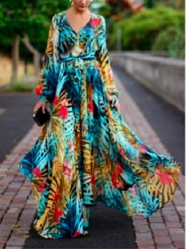 Chiffon Long Sleeves Dress Robe V Neck Floral Bohemian Boho Dress Long Dress Big Hem Maxi Dress Trendy Ruffled Maxi Dress