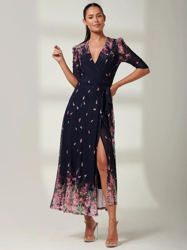 Elkana Mirrored Floral Mesh Maxi Dress, Navy Multi Comfortable Cotton Maxi Dress