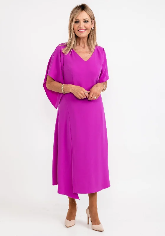 Ella Boo Drape Sleeve A Line Midi Dress, Fuchsia Fashionable Plaid Midi Dress