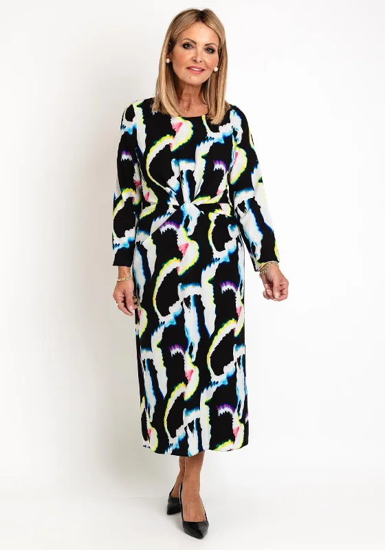 Ella Boo Abstract Print Midi Dress, Black Multi Trendy Long Sleeve Midi Dress