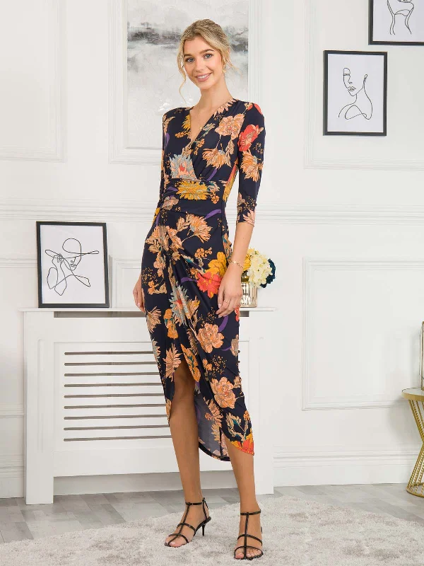 Ellen Draped Bodycon Maxi Dress, Navy Orange Floral Stylish V-Neck Maxi Dress