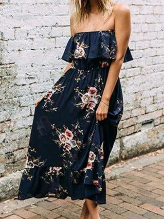 Fashion A-Line Strapless Ruffle Floral Printed Maxi Dress Fashionable Button-Down Maxi Dress