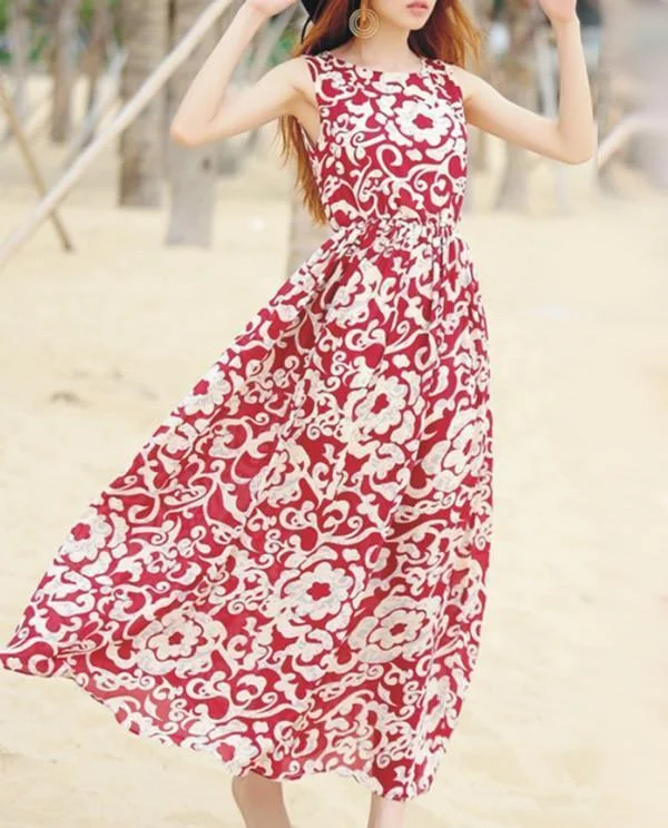 Fashion Bohemia Floral Thick Straps Sleeveless Maxi Dress Comfortable Fit-and-Flare Maxi Dress