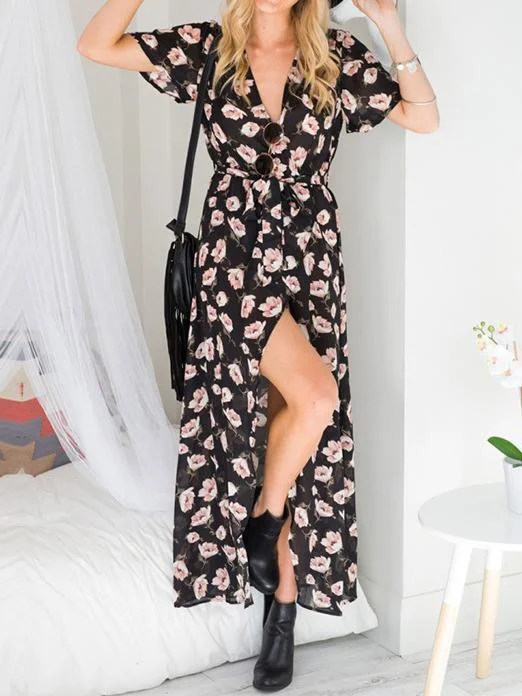 Fashion Floral Print V Neck Short Sleeve Split Belted Beach Maxi Dress Elegant Tiered Maxi Dress