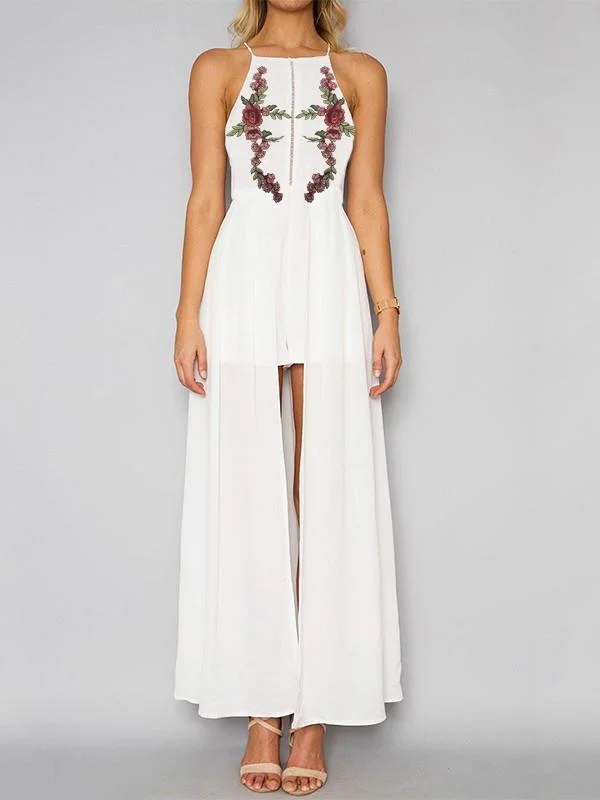 Fashion White Bohemia Floral Sleeveless Front Split Maxi Dress Chic Button-Up Maxi Dress