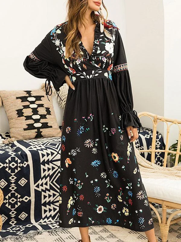 Flared Sleeves V-Neck Floral Maxi Dress Stylish Boho Chic Maxi Dress