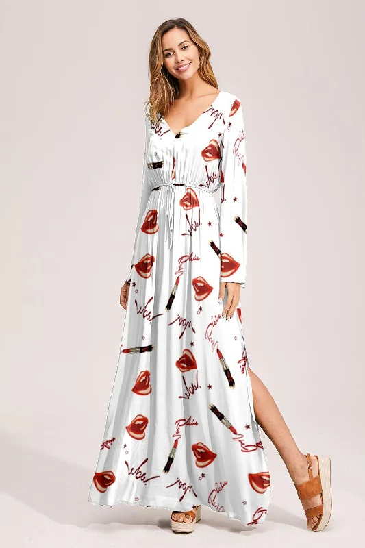 Floral Deep Long Sleeves Tie Back Ruffled Hem Maxi Dress Stylish Empire Waist Maxi Dress