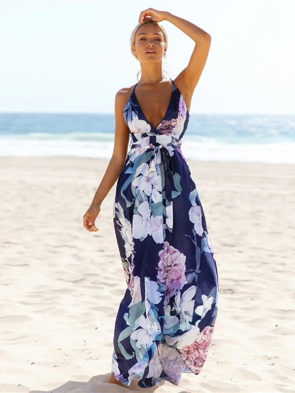 Floral Deep V-neck Maxi Dress Stylish Longline Maxi Dress