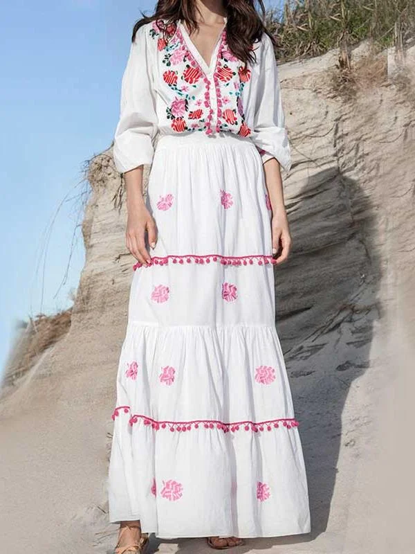 Floral Embroidered Hippie White Long Sleeve Pompom Maxi Dress Elegant Lace-Up Maxi Dress