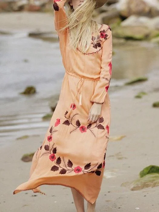 Floral Long Sleeve Split Beach Maxi Dress Chic Summer Floral Maxi Dress