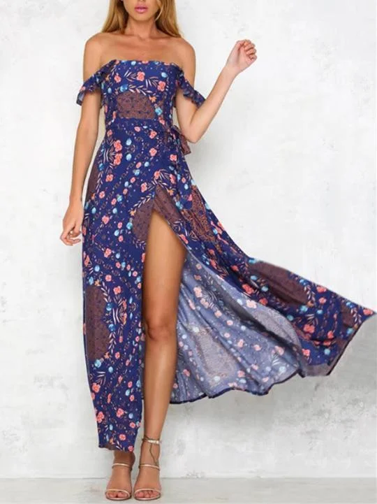 Floral Off-the-shoulder Split-side Bohemia Maxi Dress Stylish V-Neck Maxi Dress