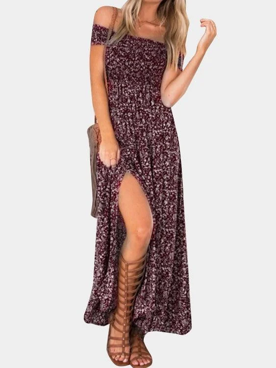 Floral Print Off Shoulder Splited Hem Maxi Dresses Fashionable Chiffon Maxi Dress