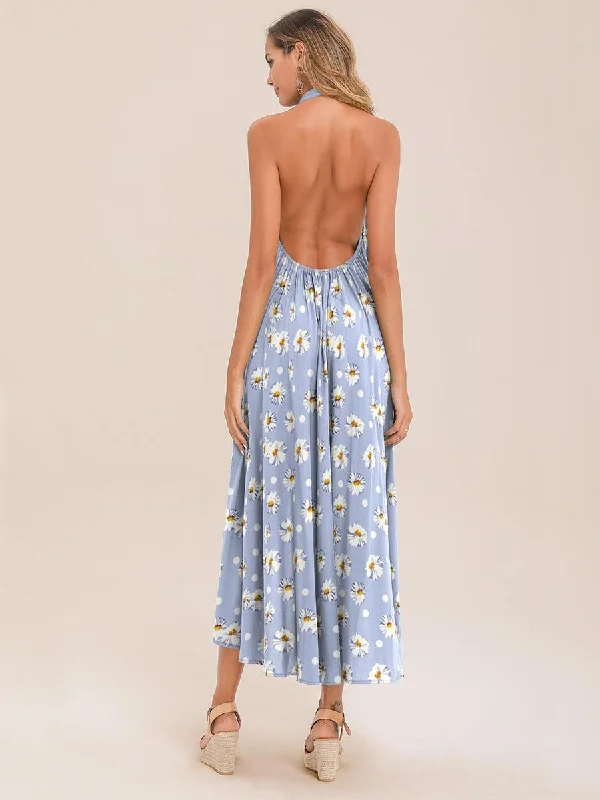 Floral Print Tie Maxi Dress Comfortable Pleated Maxi Dress