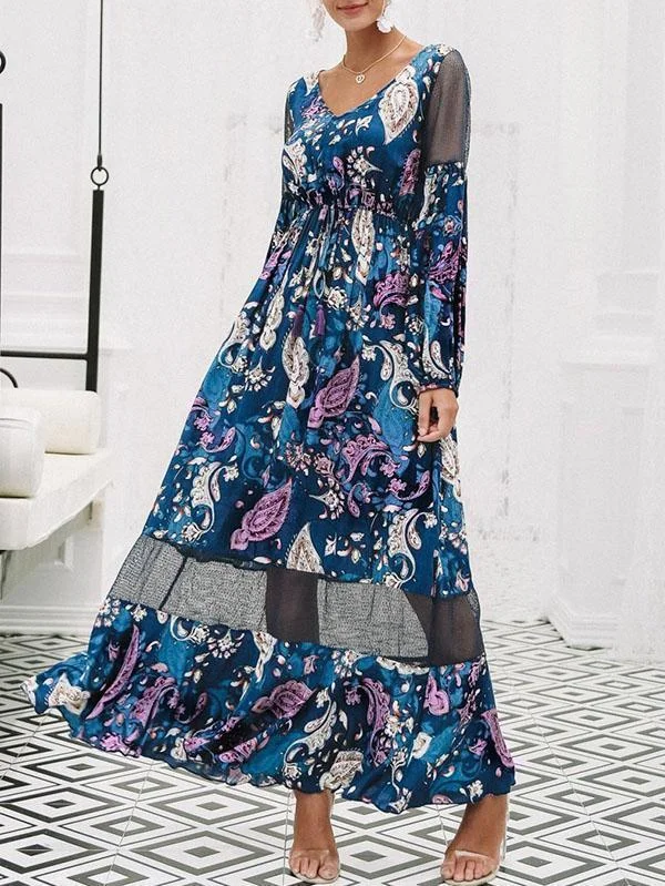 Floral Print V Neck Long Sleeve Beach Maxi Dress Comfortable Flowy Maxi Dress