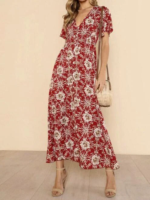 Floral Print V Neck Short Sleeve Beach Maxi Dress Elegant Maxi Dress with Ruffles