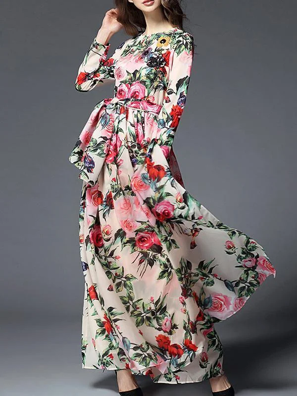 Floral-printed Belted Bohemia Maxi Dress Fashionable Chiffon Tiered Maxi Dress