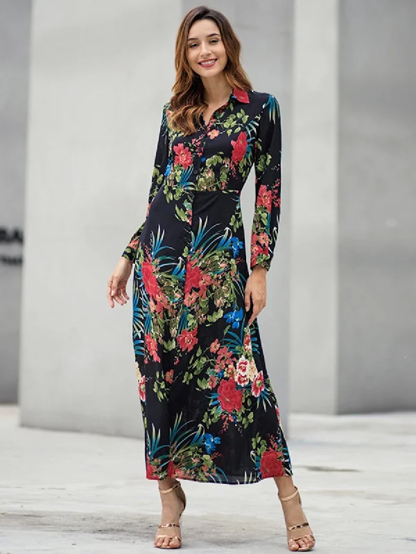 Floral Printed Long Sleeves Front Slit Maxi Dress Elegant Maxi Dress with Lace