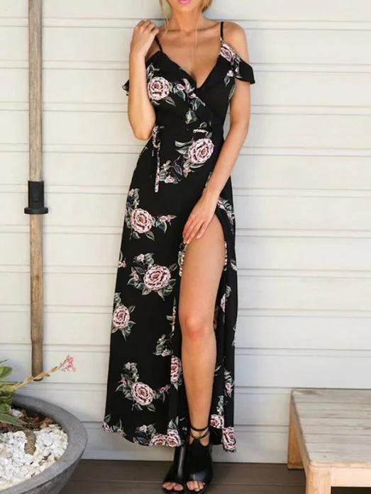 Floral Printed Spaghetti-neck Split-side Bohemia Maxi Dress Elegant Maxi Dress with Slit