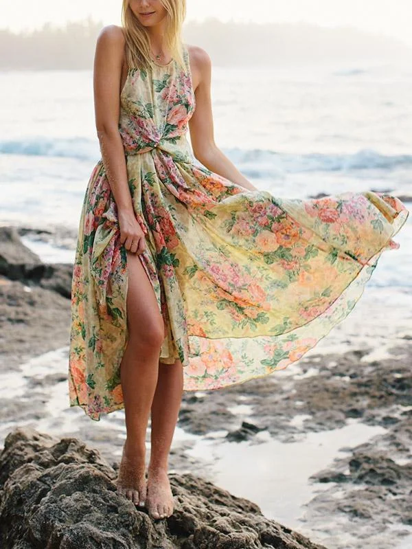 Floral Round Neck Backless Backless Maxi Dresses Classic A-Line Maxi Dress