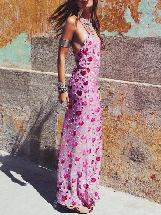 Floral Spaghetti-neck Split-front Backless V-neck Maxi Dress Stylish One-Shoulder Maxi Dress